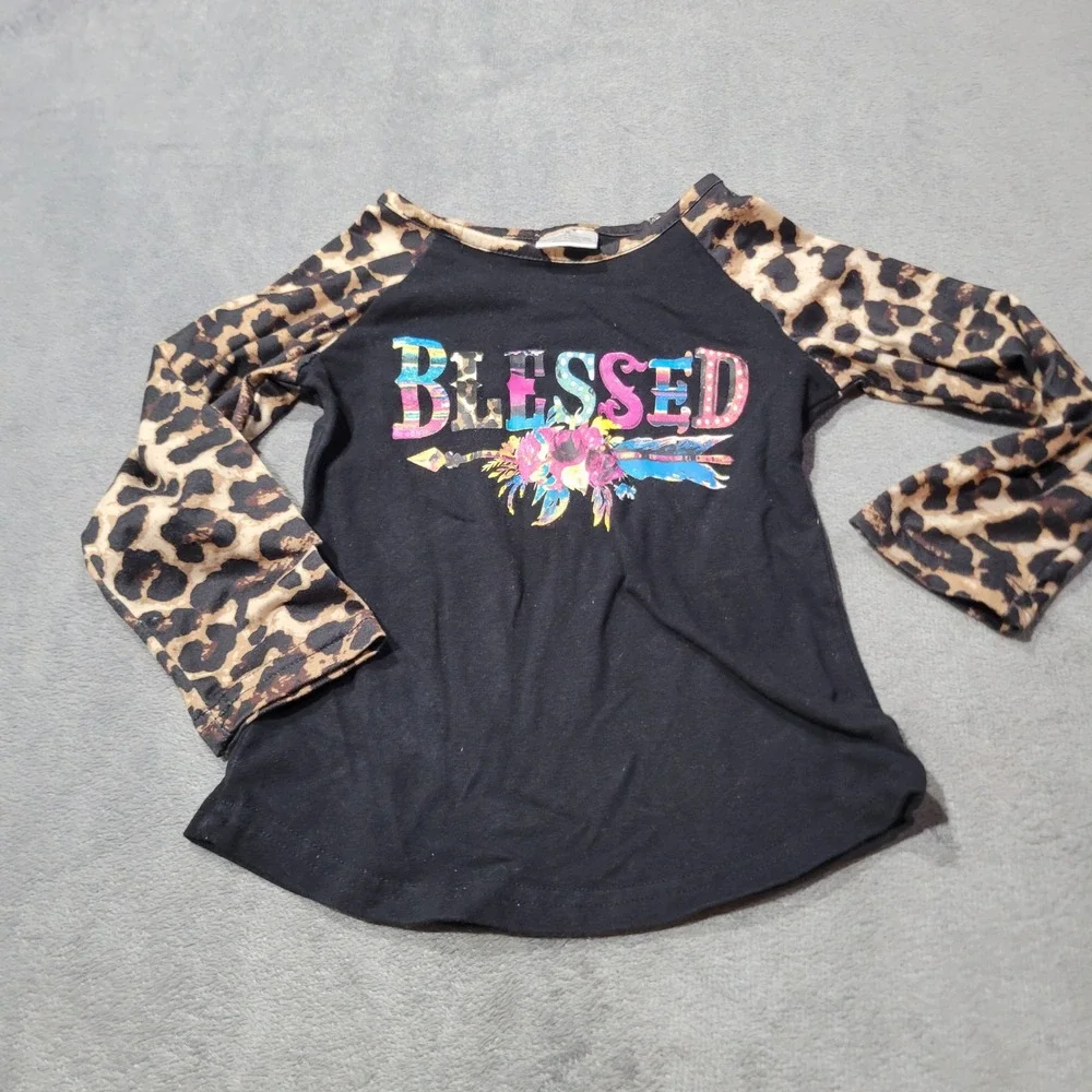 Boutique Girls 3T Yellow Black Leopard Blessed Raglan Top Leggings Outfit Set‎